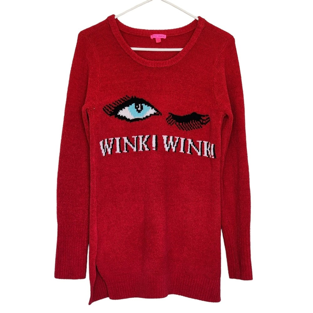 Betsy Johnson Womens Knitted Sweater DarkPink Wink Eye Longsleeve Pullover Small